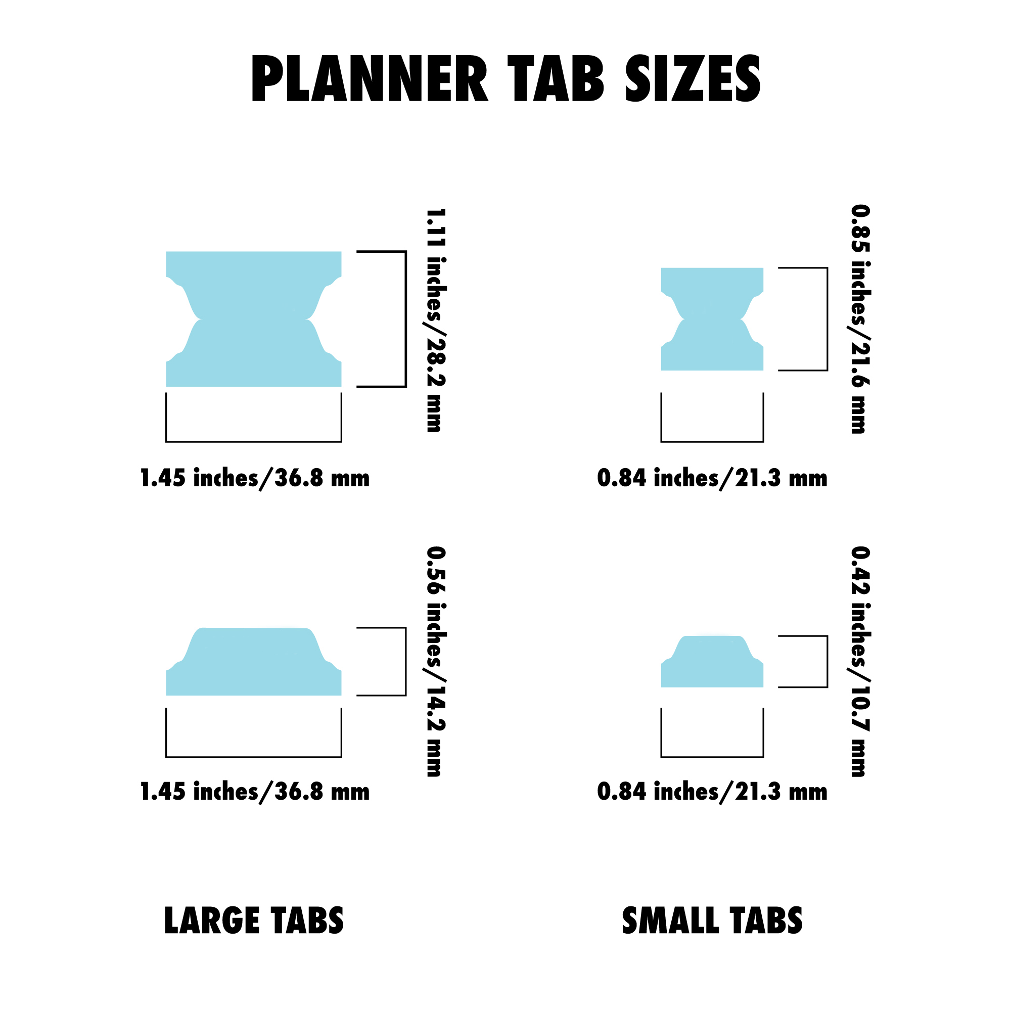 Smal and Large planner tabs dimensions