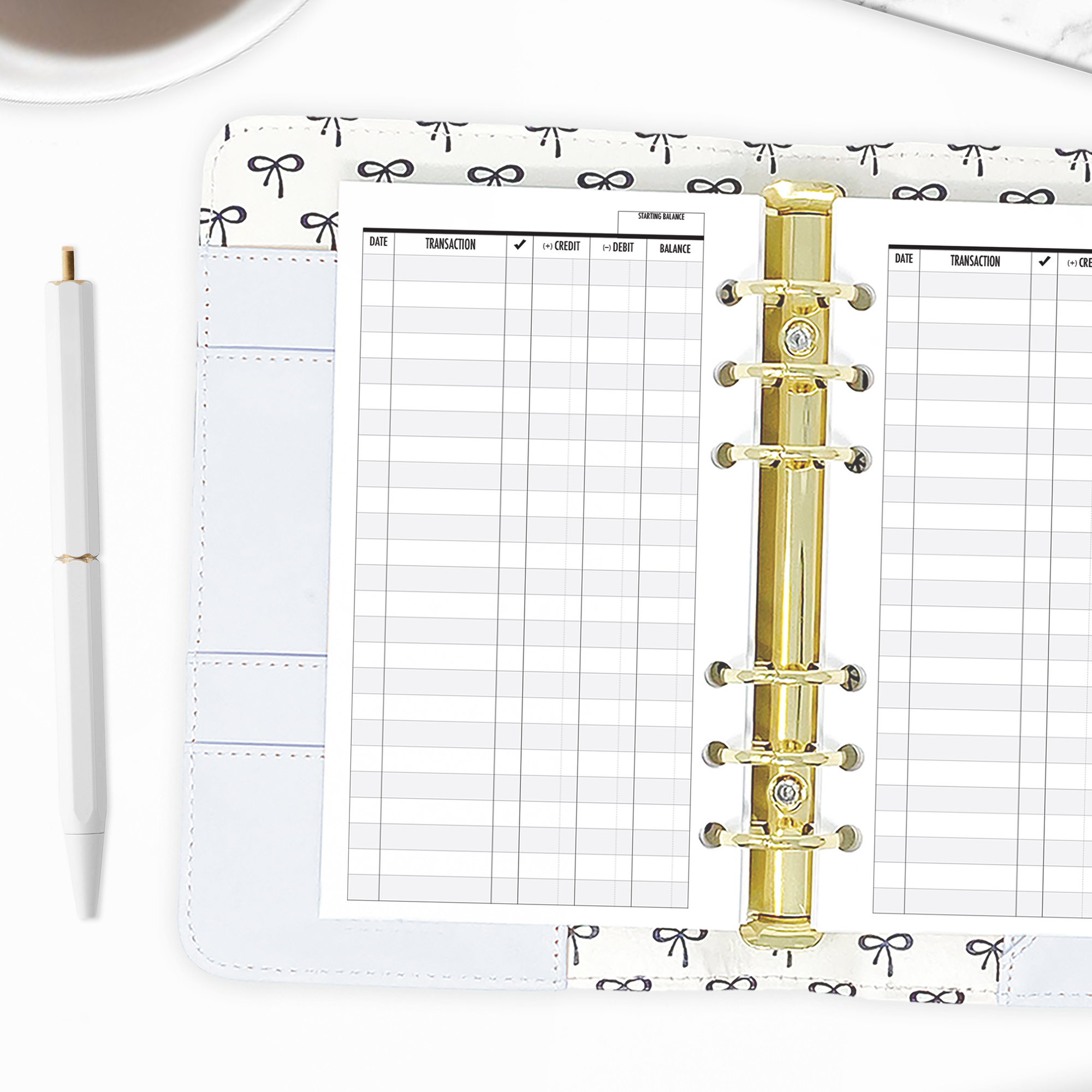 Checkbook register insert with columns for date, check number, and amount
