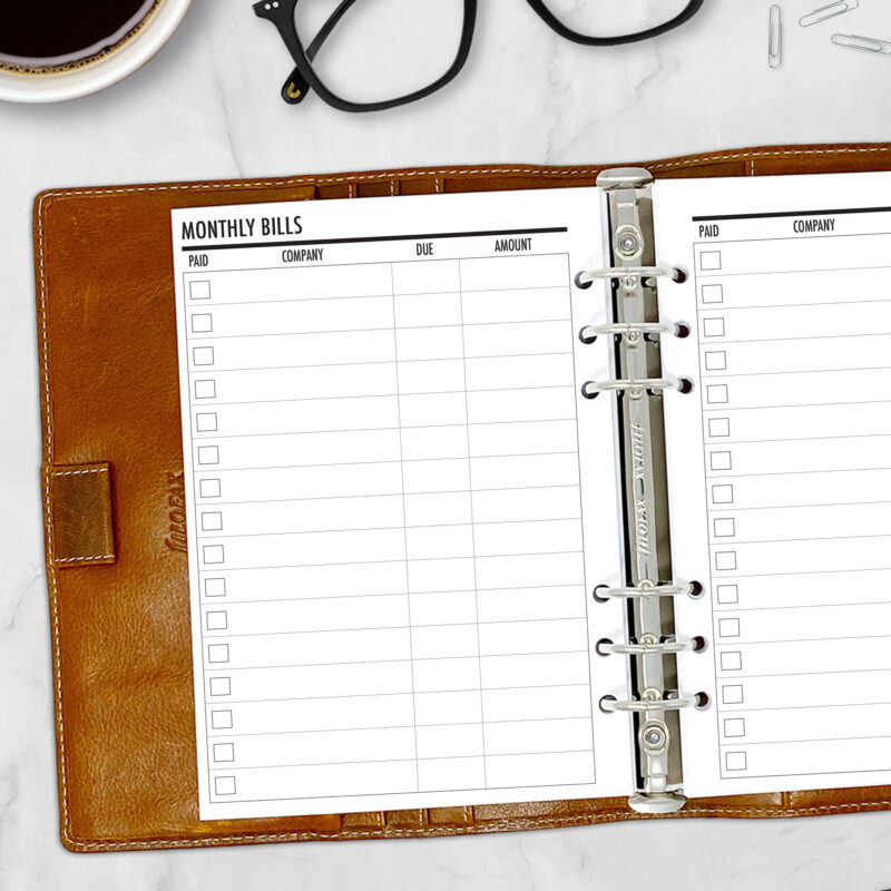Budget planner refill with space to log and check off bills