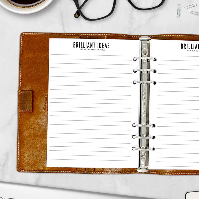 Planner insert featuring “Brilliant Ideas” header and lined layout