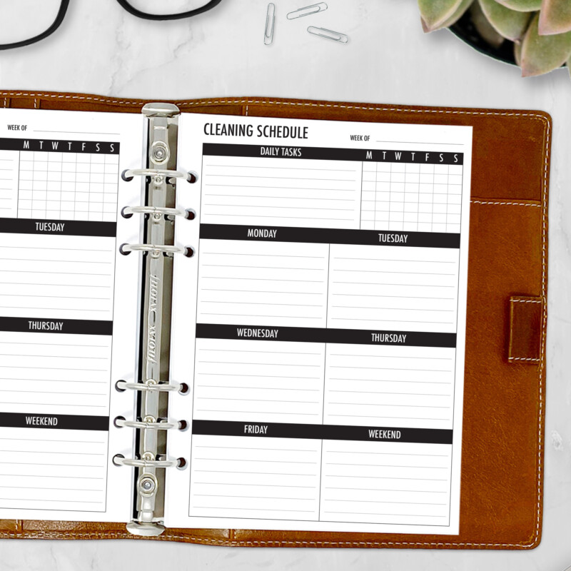 Cleaning checklist insert displayed in A5 ring planner