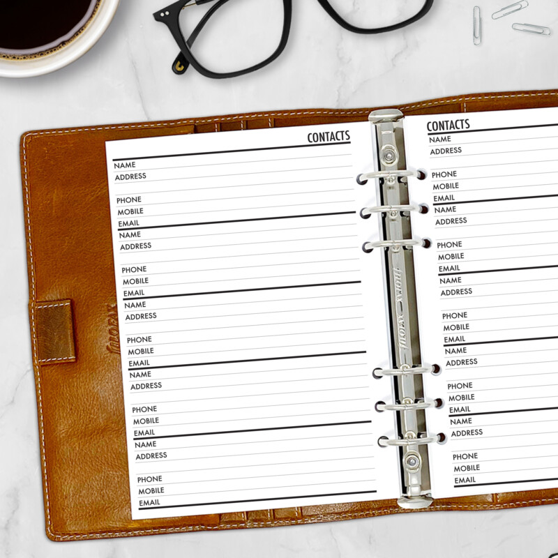 Address book insert displayed in A5 size ring planner