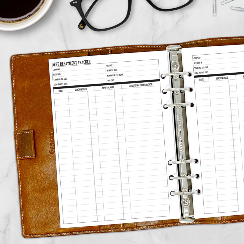CityGirl Planners debt log insert shown inside ring binder