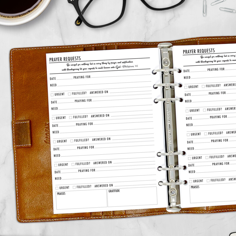 A5 prayer log refill with space for notes and dates