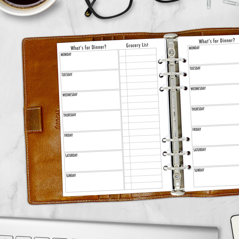 A5 meal plan pages labeled Monday through Sunday