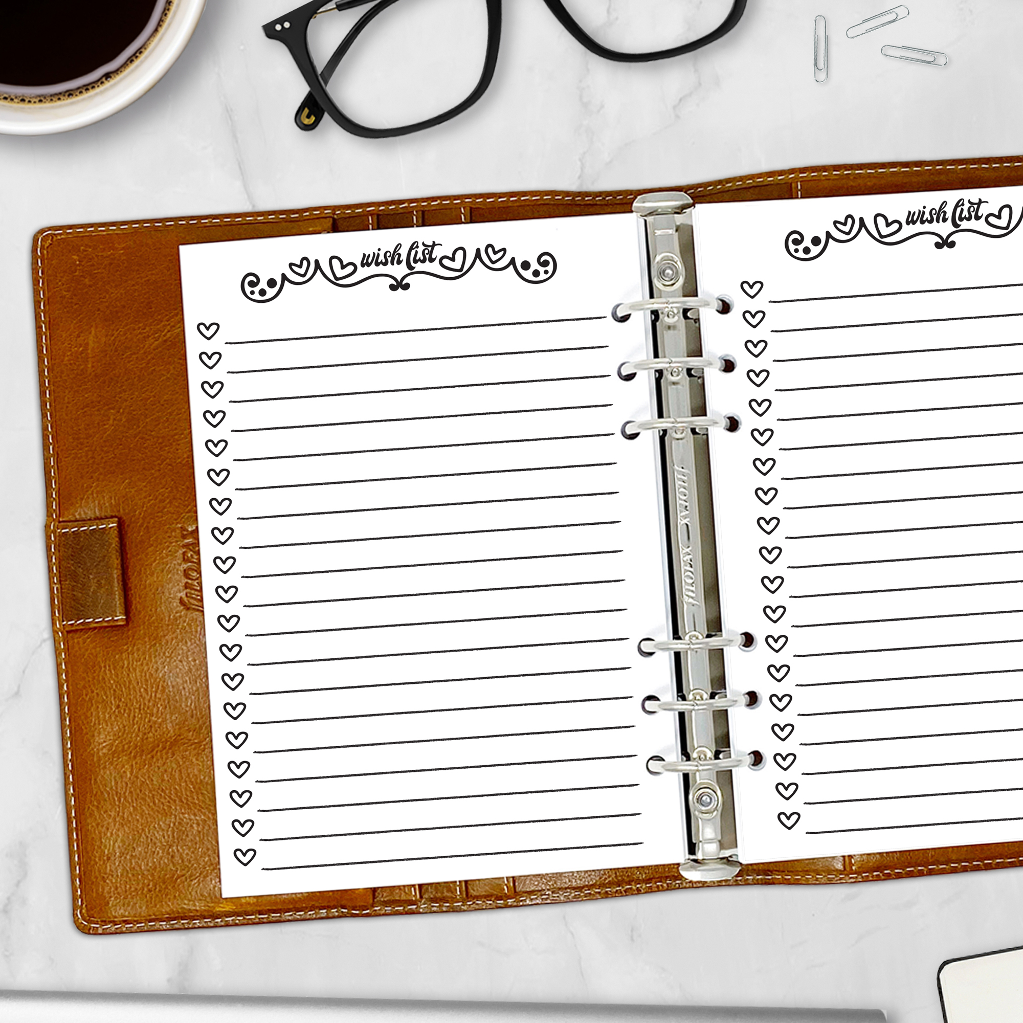 A5 gift list planner page with funky 70s font