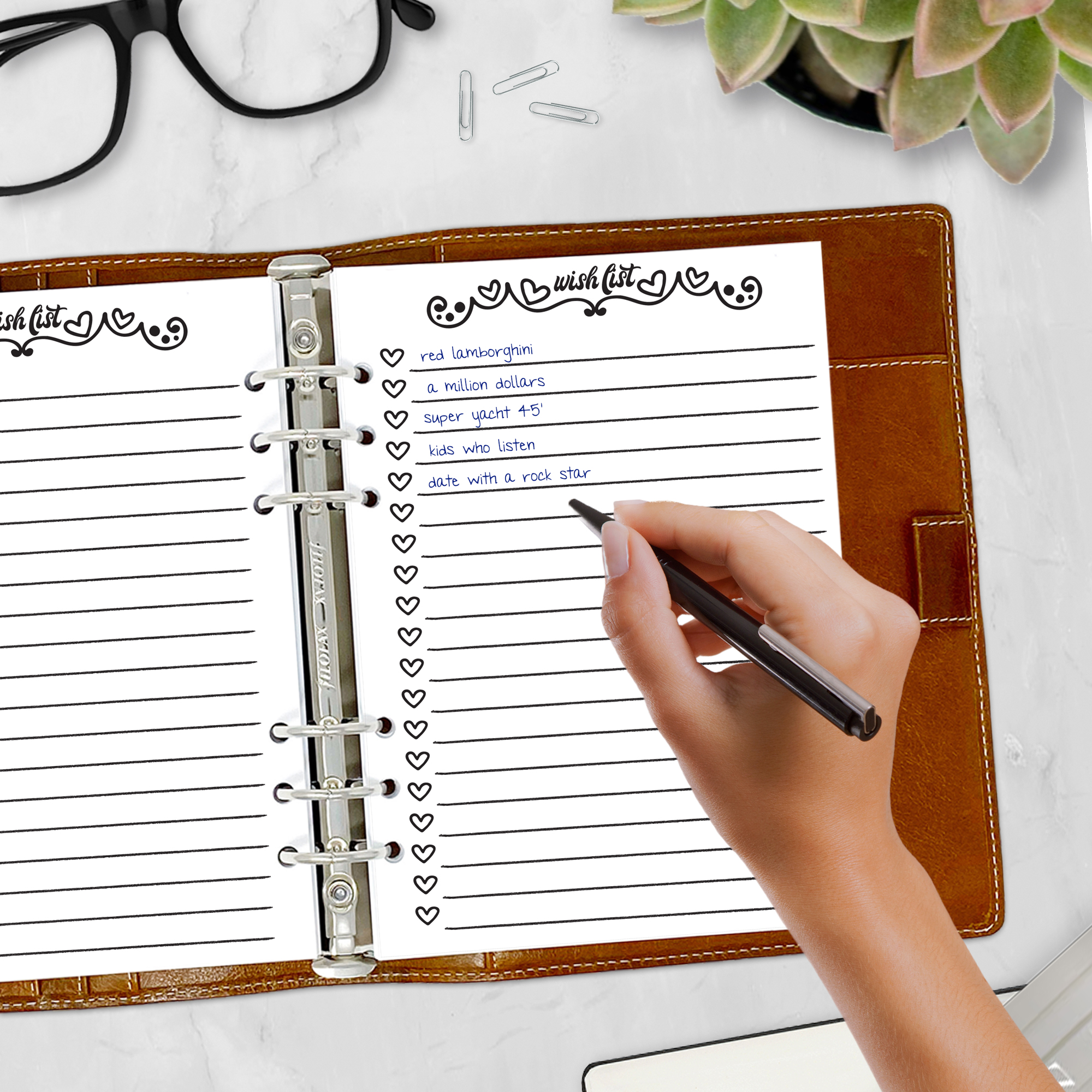 A5 gift list planner page with funky 70s font