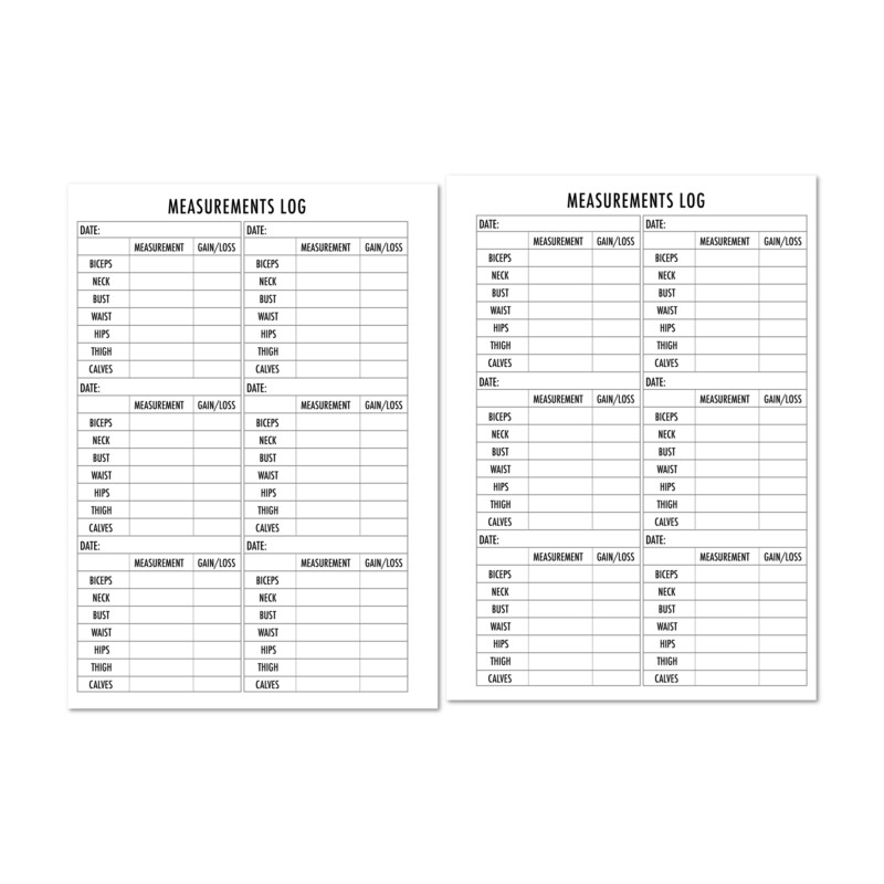 Fitness planner insert showing waist, hip, and chest measurement fields