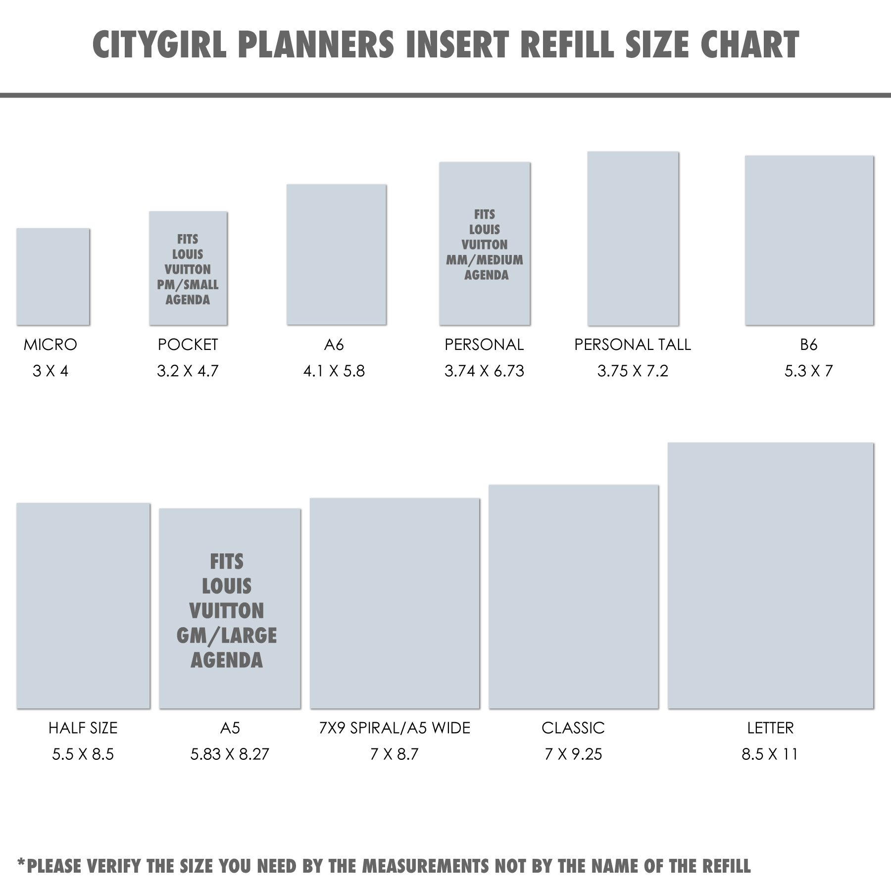 CItyGirl Planners Size Chart for refill inserts