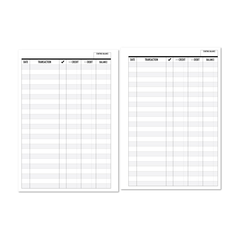 Vertical checkbook register planner insert with financial tracking layout