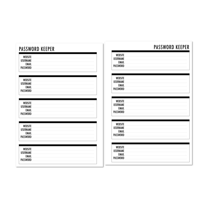 Password tracker planner insert with website and login fields