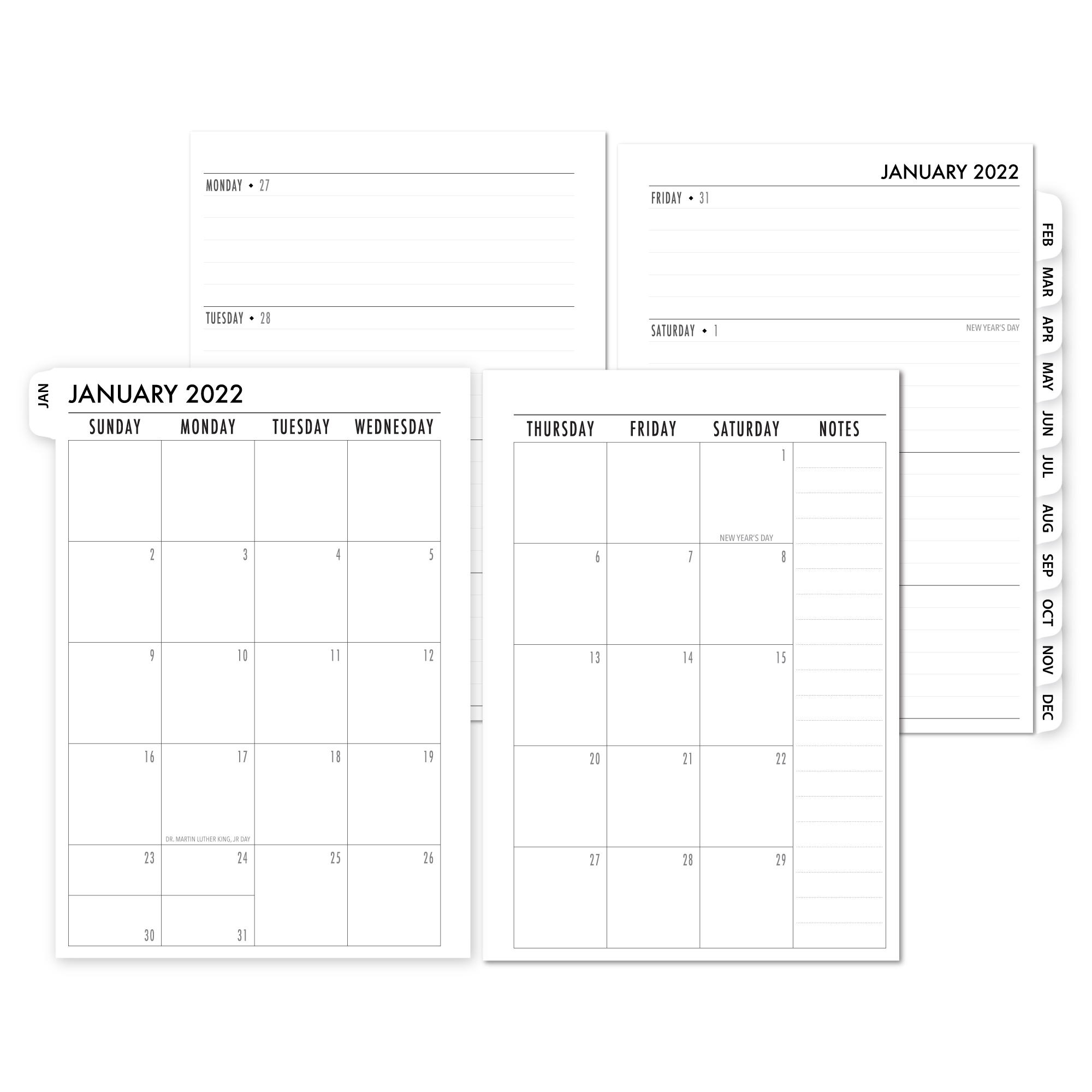 2022 Complete Horizontal Tabbed Deluxe Calendar - WHITE TABS