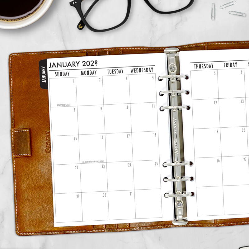 CityGirl Planners A5 size planner insert – Month on 2 Pages Black Tabs 6 TABS, left-hand page view