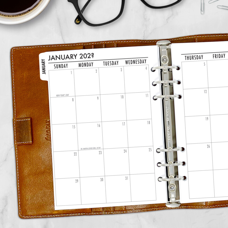 CityGirl Planners A5 size planner insert – Month on 2 Pages White Tabs 6 TABS, left-hand page view