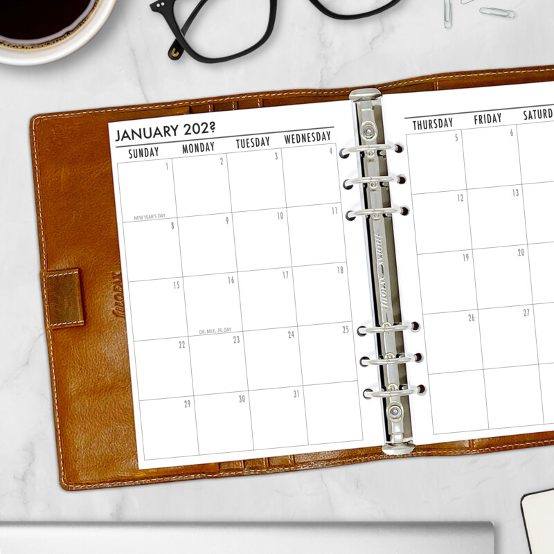 CityGirl Planners A5 size planner insert – Month on 2 Pages, left-hand page view