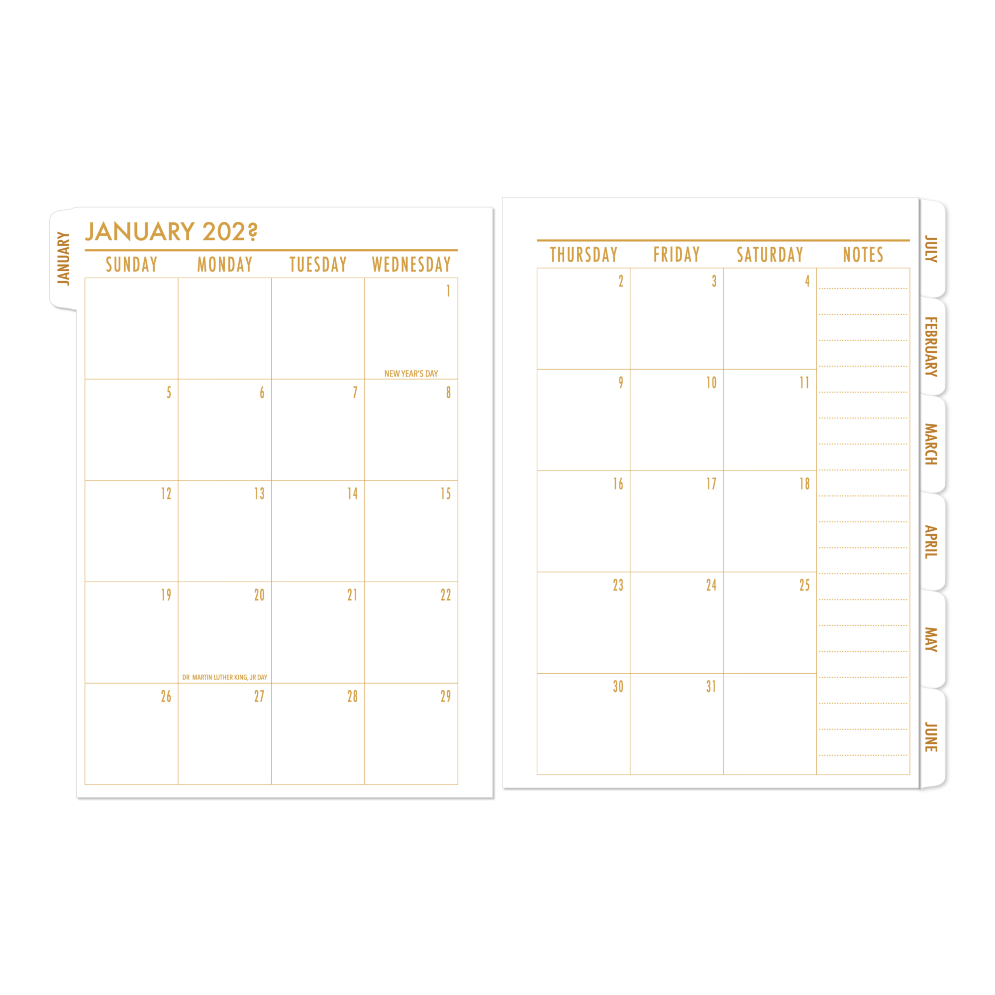 Month on 2 Pages Tabbed Deluxe Planner Calendar Refill – FOILED TABS