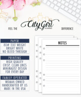 CityGirl Planners insert paper quality infographic showing 80lb bright white paper, clean printing, and woman-owned handmade business info