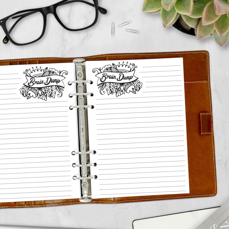 Groovy font reading “Brain Dump” at the top of lined planner insert page