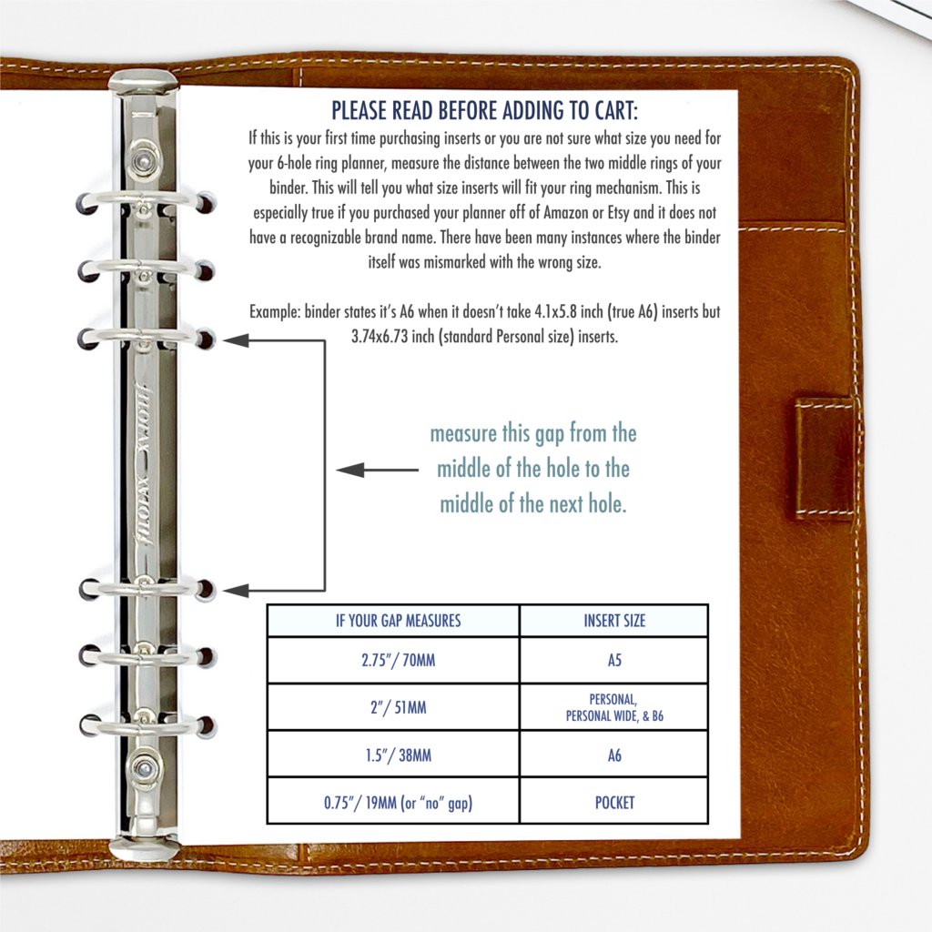 Planner size guide showing how to measure ring gap for 6-hole binders. Chart includes A5, Personal, A6, and Pocket insert sizes based on inner ring spacing.