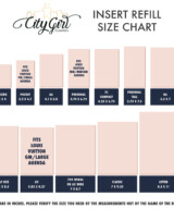 CityGirl Planners insert refill size chart showing measurements for Micro, Pocket, A6, Personal, FC Compact, Personal Tall, B6, Half Size, A5, 7x9, Classic, and Letter inserts with visual size comparison.