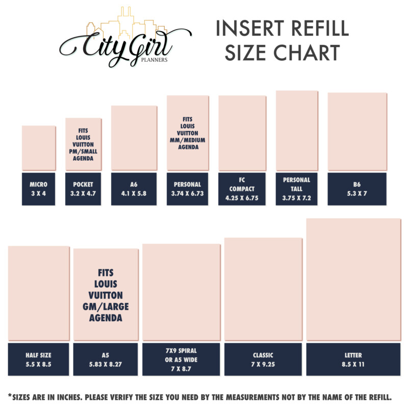 CityGirl Planners insert refill size chart showing measurements for Micro, Pocket, A6, Personal, FC Compact, Personal Tall, B6, Half Size, A5, 7x9, Classic, and Letter inserts with visual size comparison.