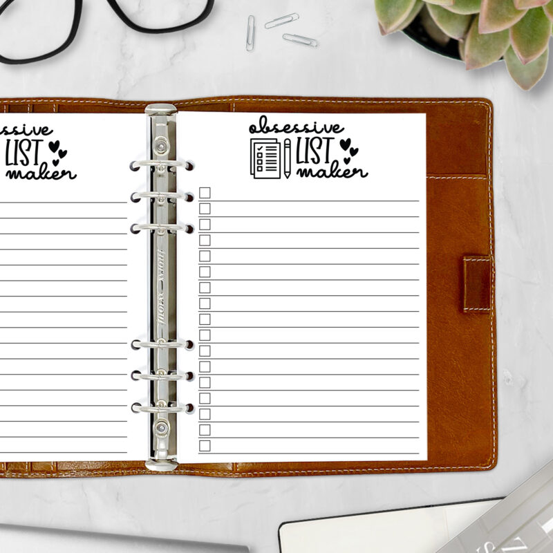 Planner insert with “Obsessive List Maker” header and lined layout