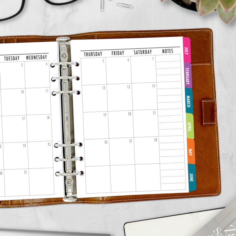 CityGirl Planners A5 size planner insert – Month on 2 Pages Bahama Beach TABS, right-hand page view
