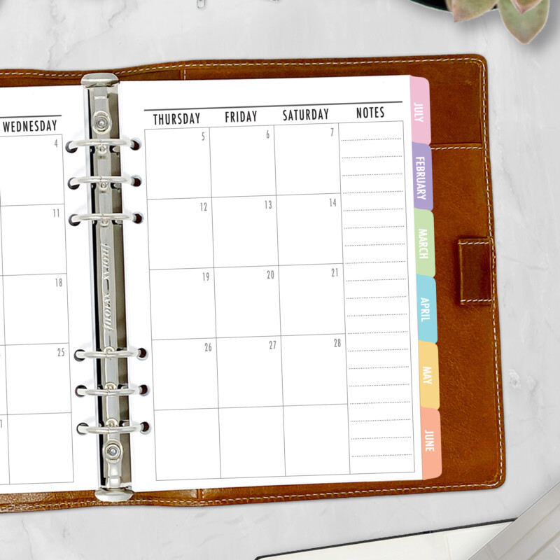 CityGirl Planners A5 size planner insert – Month on 2 Pages Candy Rush TABS, right-hand page view