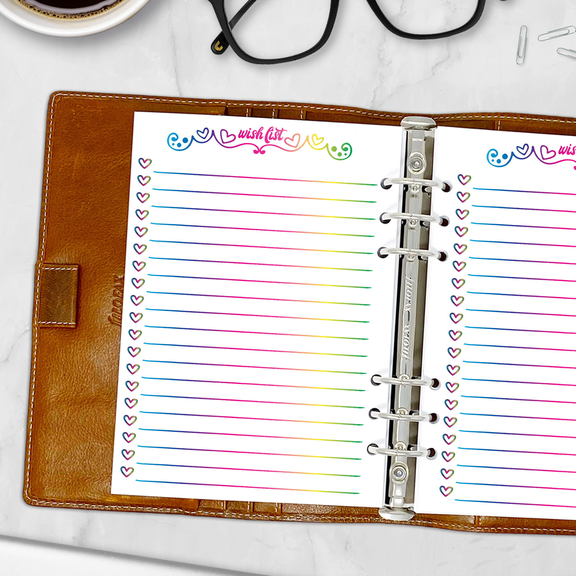 A5 gift tracker planner page with rainbow design