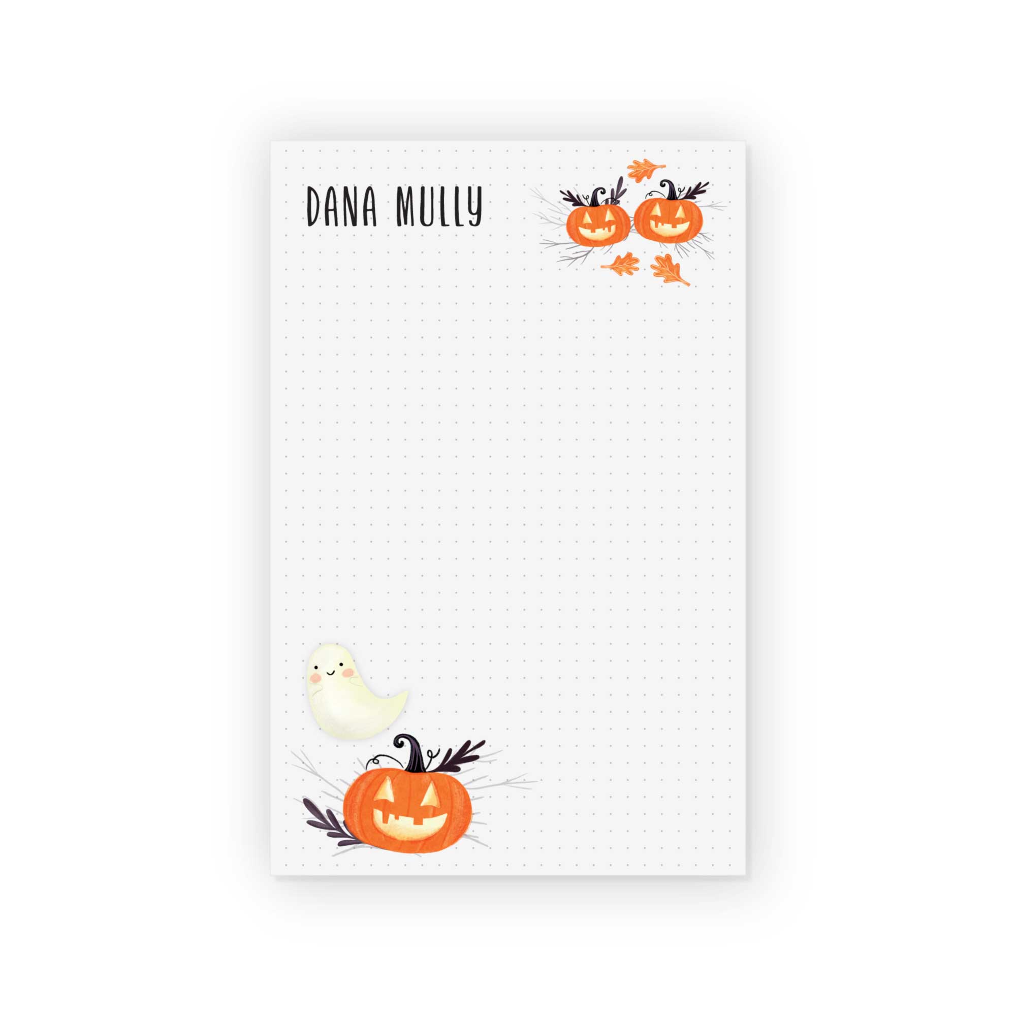 Personalized All Hallows Eve Halloween notepad with jack-o-lanterns, ghost, and dot grid pages from CityGirl Planner