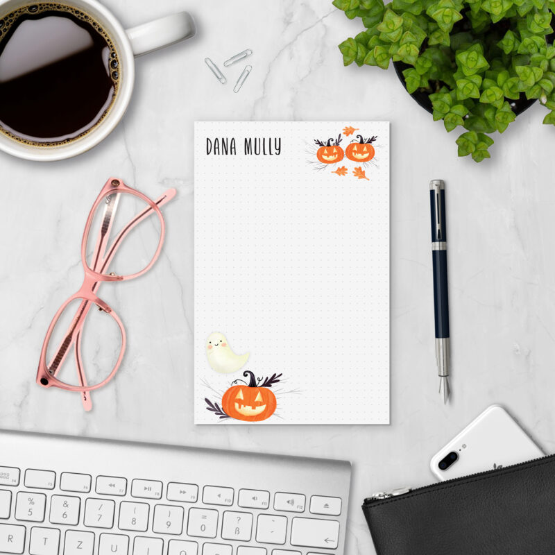 All Hallows Eve personalized notepad styled with coffee, glasses, and keyboard — Halloween gift personalized paper pad