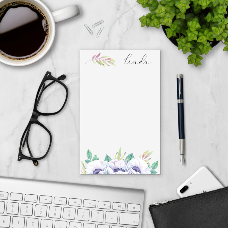Blooming Mystery personalized notepad styled with coffee, glasses, and keyboard — personalized paper pad for lists and notes
