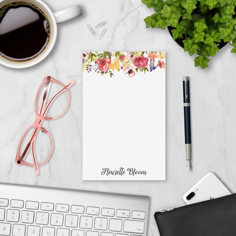 Blooms of Grace personalized notepad styled with coffee, glasses, and keyboard — personalized paper pad for lists and notes