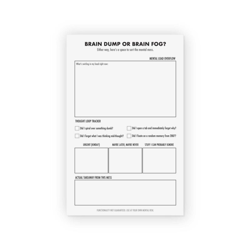 Brain Fog brain dump notepad with thought loop tracker and priority sorting sections from CityGirl Planner