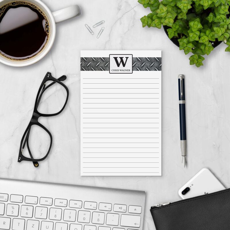 Iron Monogram personalized monogram notepad styled with coffee, glasses, and keyboard — masculine personalized paper pad gift