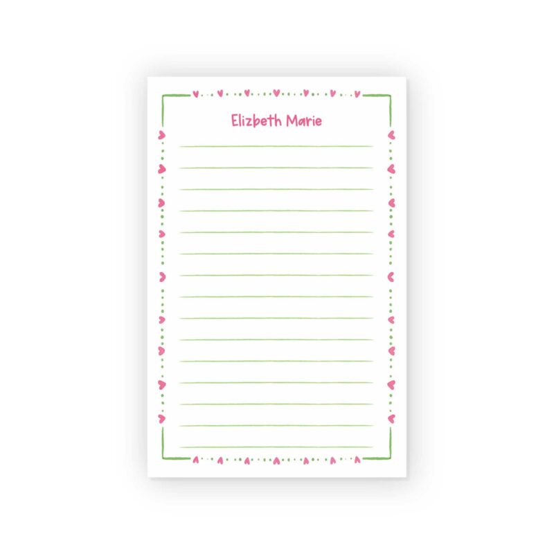 Personalized Dotted Heart notepad with pink hearts, green dotted border, and lined pages from CityGirl Planner