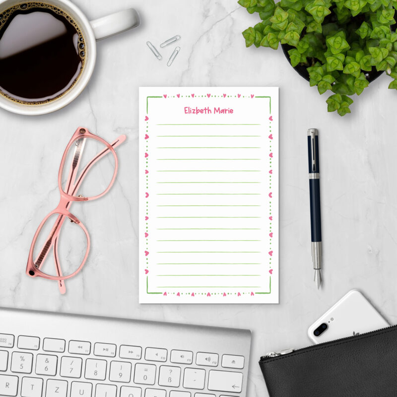Dotted Heart personalized notepad styled with coffee, glasses, and keyboard — personalized paper pad for lists and notes
