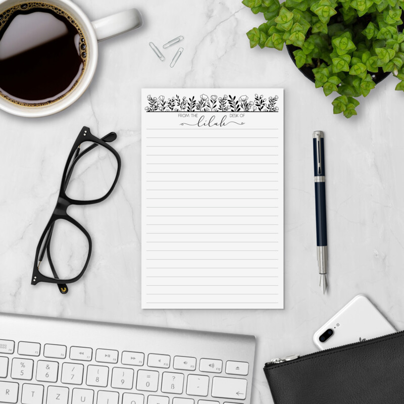 Floral Doodles personalized notepad styled with coffee, glasses, and keyboard — personalized paper pad for lists and notes