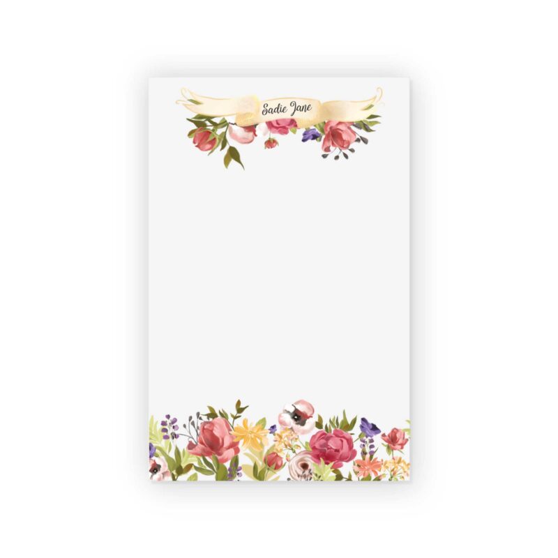 Personalized Floral Elegance notepad with watercolor flowers and gold name banner from CityGirl Planner