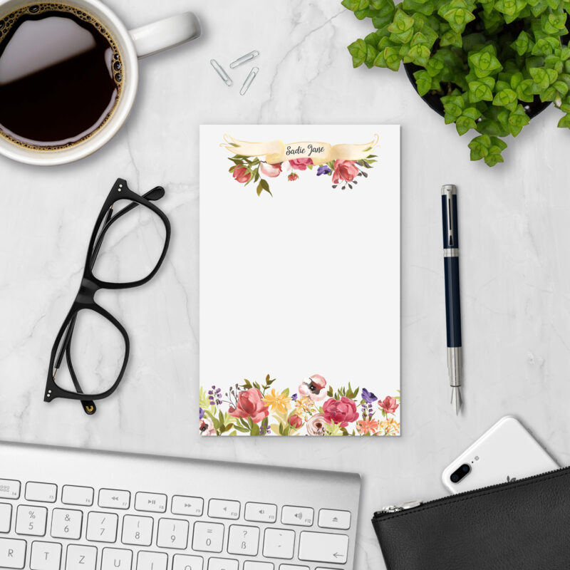 Floral Elegance personalized notepad styled with coffee, glasses, and keyboard — personalized paper pad for lists and notes