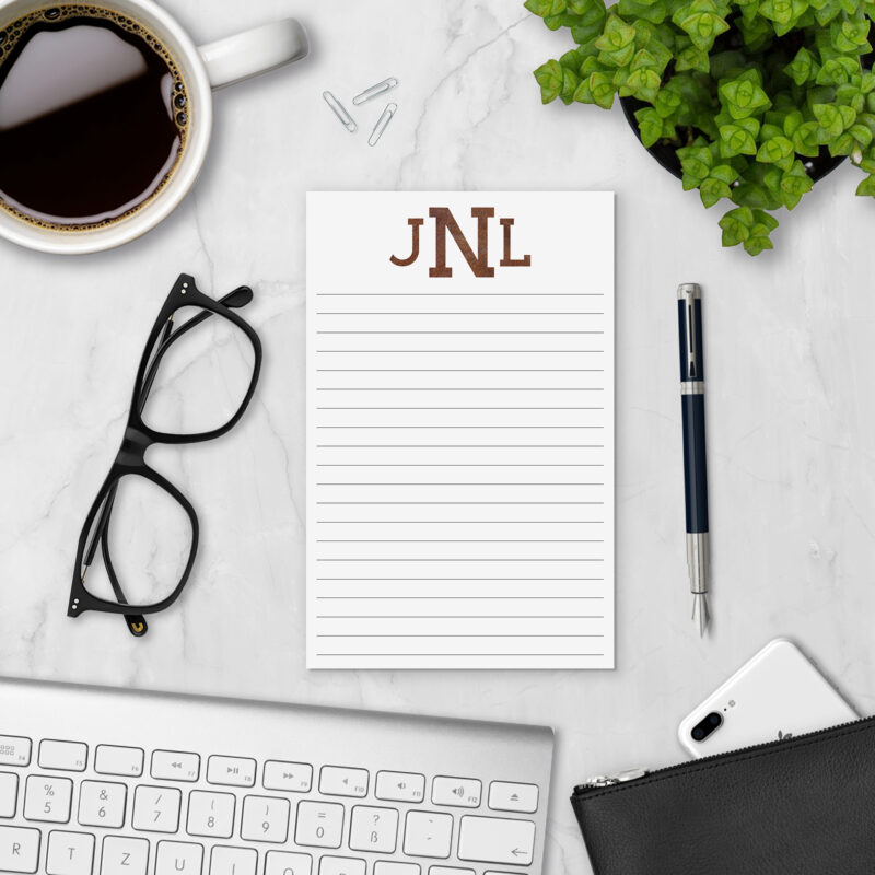 Italian Leather personalized monogram notepad styled with coffee, glasses, and keyboard — personalized paper pad for lists and notes