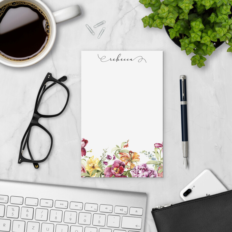 Jeweled Flowers personalized notepad styled with coffee, glasses, and keyboard — personalized paper pad for lists and notes