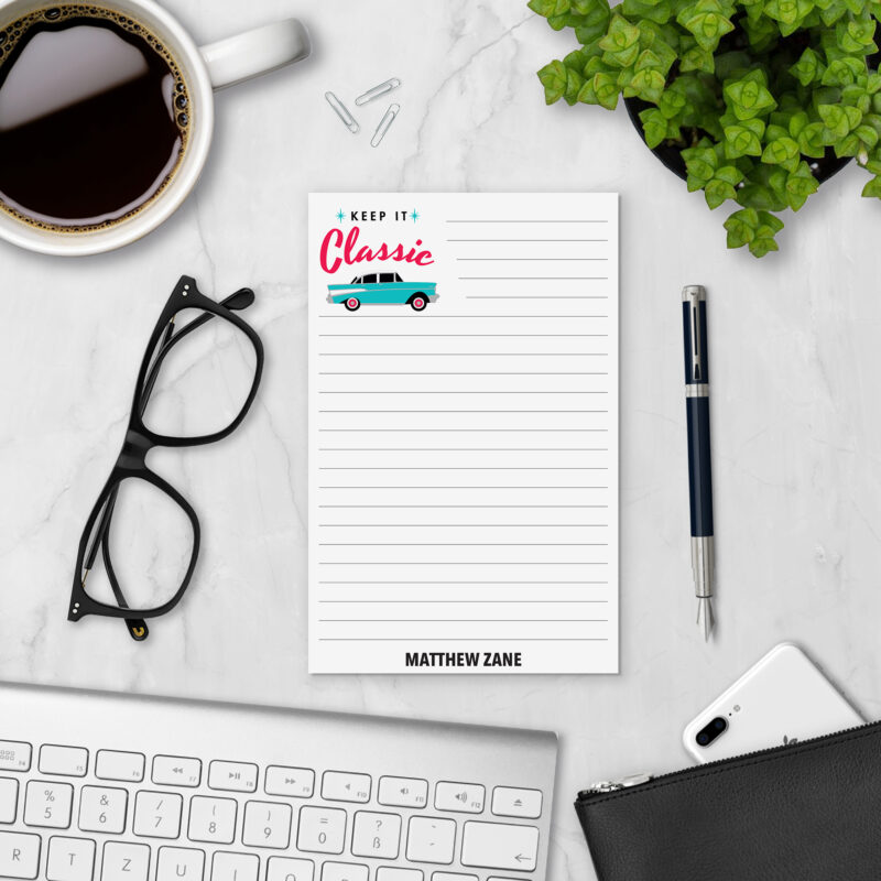 Keep It Classic personalized notepad styled with coffee, glasses, and keyboard — personalized paper pad gift for car lovers