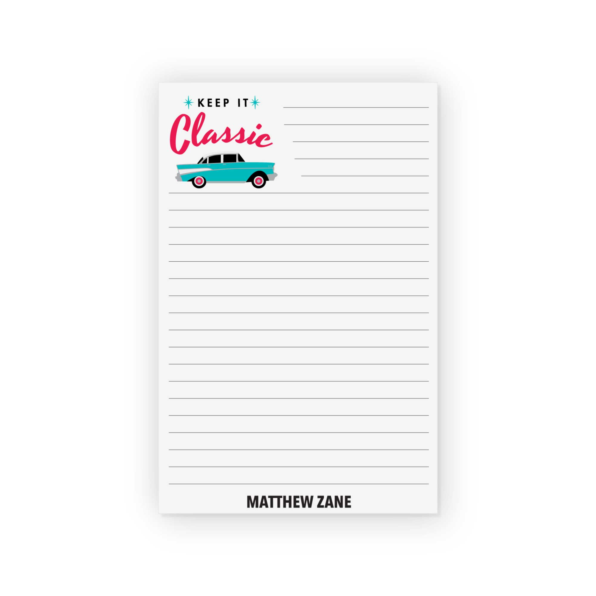 Personalized Keep It Classic notepad with retro turquoise car design and lined pages from CityGirl Planner