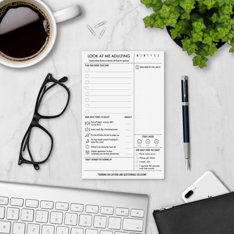 Look at Me Adulting funny personalized notepad styled with coffee, glasses, and keyboard — funny gag gift notepad for grown-ups