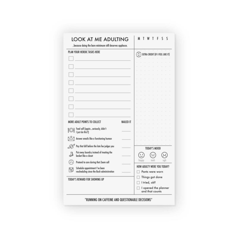 Look at Me Adulting funny notepad with task checklist, mood tracker, and adulting score from CityGirl Planners