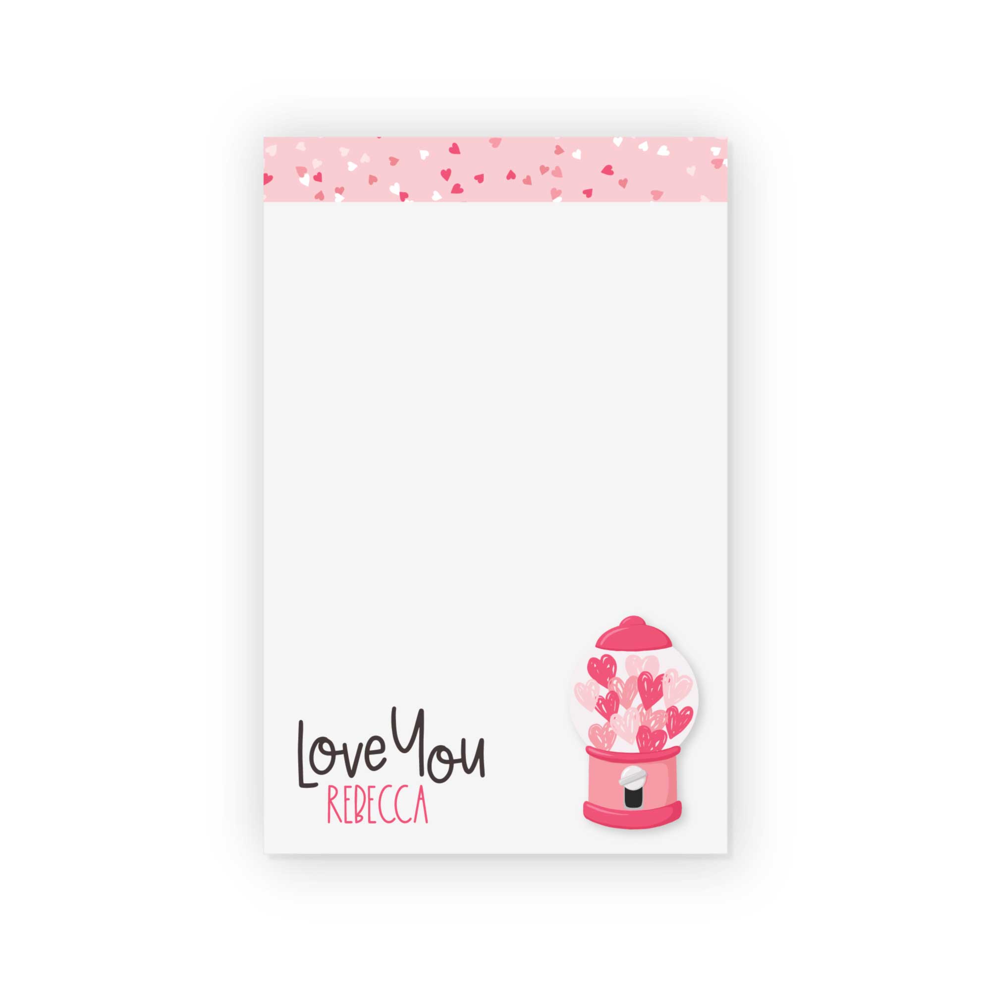 Personalized Love Machine notepad with heart gumball machine and pink confetti border from CityGirl Planner