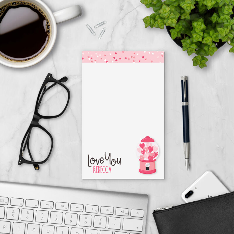 Love Machine personalized notepad styled with coffee, glasses, and keyboard — personalized paper pad gift for Valentine's Day or anniversary