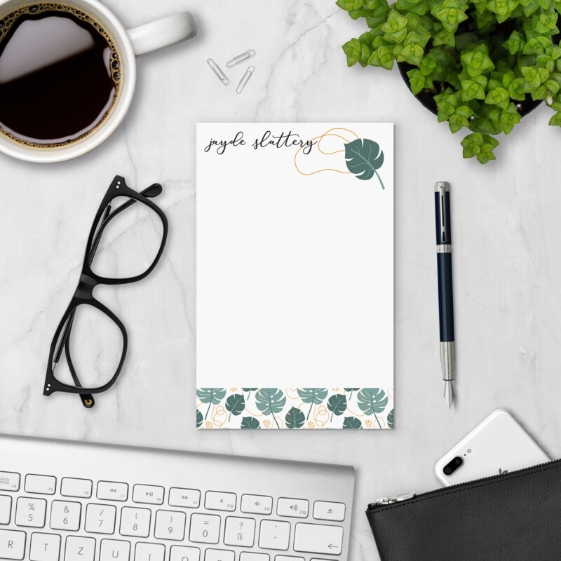 Monstera Curls personalized notepad styled with coffee, glasses, and keyboard — personalized paper pad for lists and notes