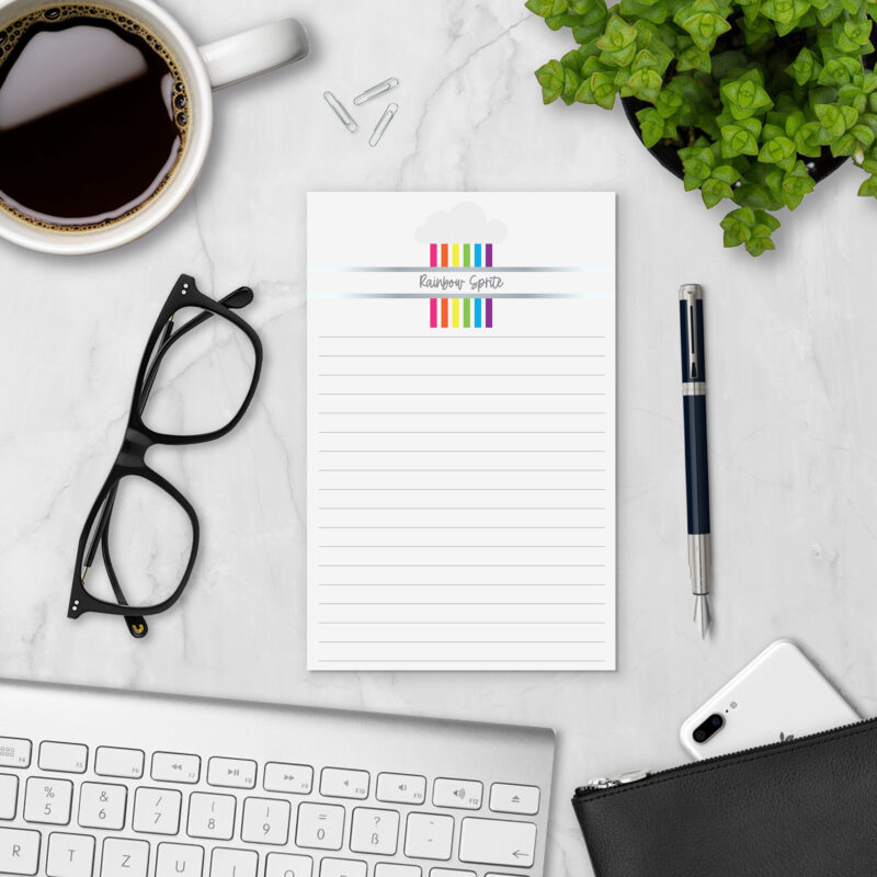 Rainbow Sprite personalized notepad styled with coffee, glasses, and keyboard — personalized paper pad for lists and notes
